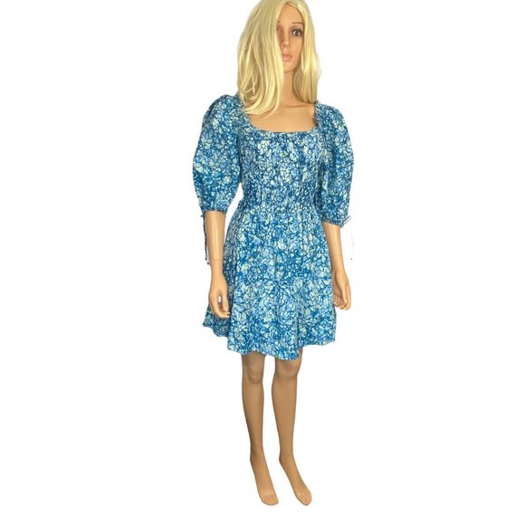 NWT House of Harlow 1960 REVOLVE Blue Ruffle Short Dress S/M Cotton Puff Sleeve - Picture 3 of 13